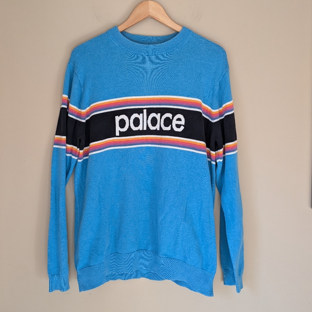 Palace Men's Knit Pullover blue with rainbow stripes Size large